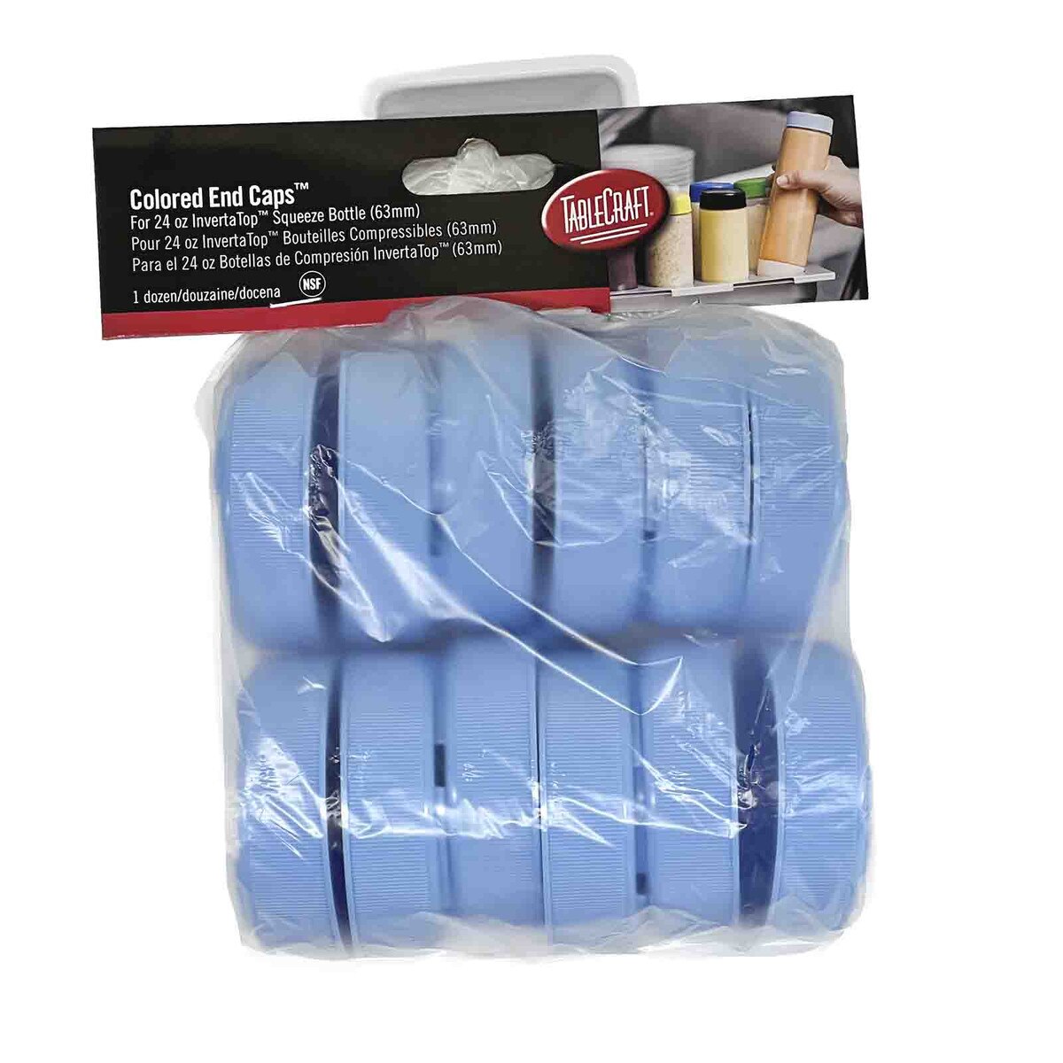 A clear plastic package contains twelve light blue TableCraft Invertatop squeeze bottle end caps for 63mm squeeze bottles. The label reads Colored End Caps™ For 24 oz Invertatop Squeeze Bottle (63mm) with an image of hands using bottles.
