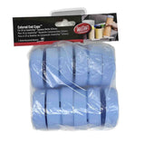A clear plastic package contains twelve light blue TableCraft Invertatop squeeze bottle end caps for 63mm squeeze bottles. The label reads Colored End Caps™ For 24 oz Invertatop Squeeze Bottle (63mm) with an image of hands using bottles.