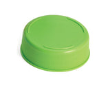 A close-up of a green 63mm squeeze bottle cap is shown on a white background. The round cap features subtle ridges along the side for grip and three shallow curved indentations on the flat top surface.