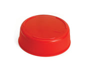 A bright red, round Invertatop Squeeze Bottle End Cap with ridged sides and a smooth, slightly domed top, designed for 63mm squeeze bottles, shown on a plain white background.