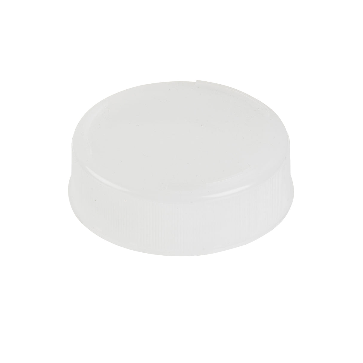A plain, white, round plastic squeeze bottle end cap with a smooth, slightly raised top and ridged sides, shown against a clean white background. This unmarked 63mm squeeze bottle cap is designed for standard screw-top bottles and is dishwasher safe.