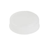 A plain, white, round plastic squeeze bottle end cap with a smooth, slightly raised top and ridged sides, shown against a clean white background. This unmarked 63mm squeeze bottle cap is designed for standard screw-top bottles and is dishwasher safe.
