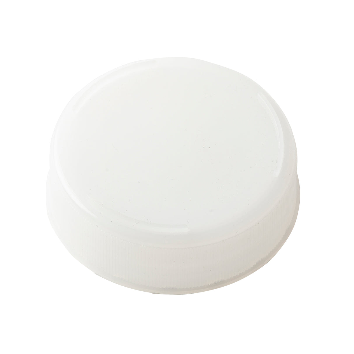 A plain, round, white squeeze bottle end cap is shown against a white background. The 63mm cap features a textured edge for grip and a smooth, flat top surface, making it both practical and dishwasher safe.