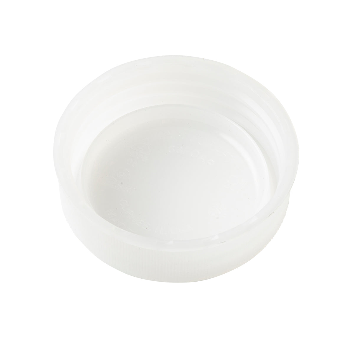 A close-up of a 63mm squeeze bottle cap shown from above, with visible threading on the inner sides and a smooth, flat interior surface. The dishwasher safe cap is set against a plain white background.