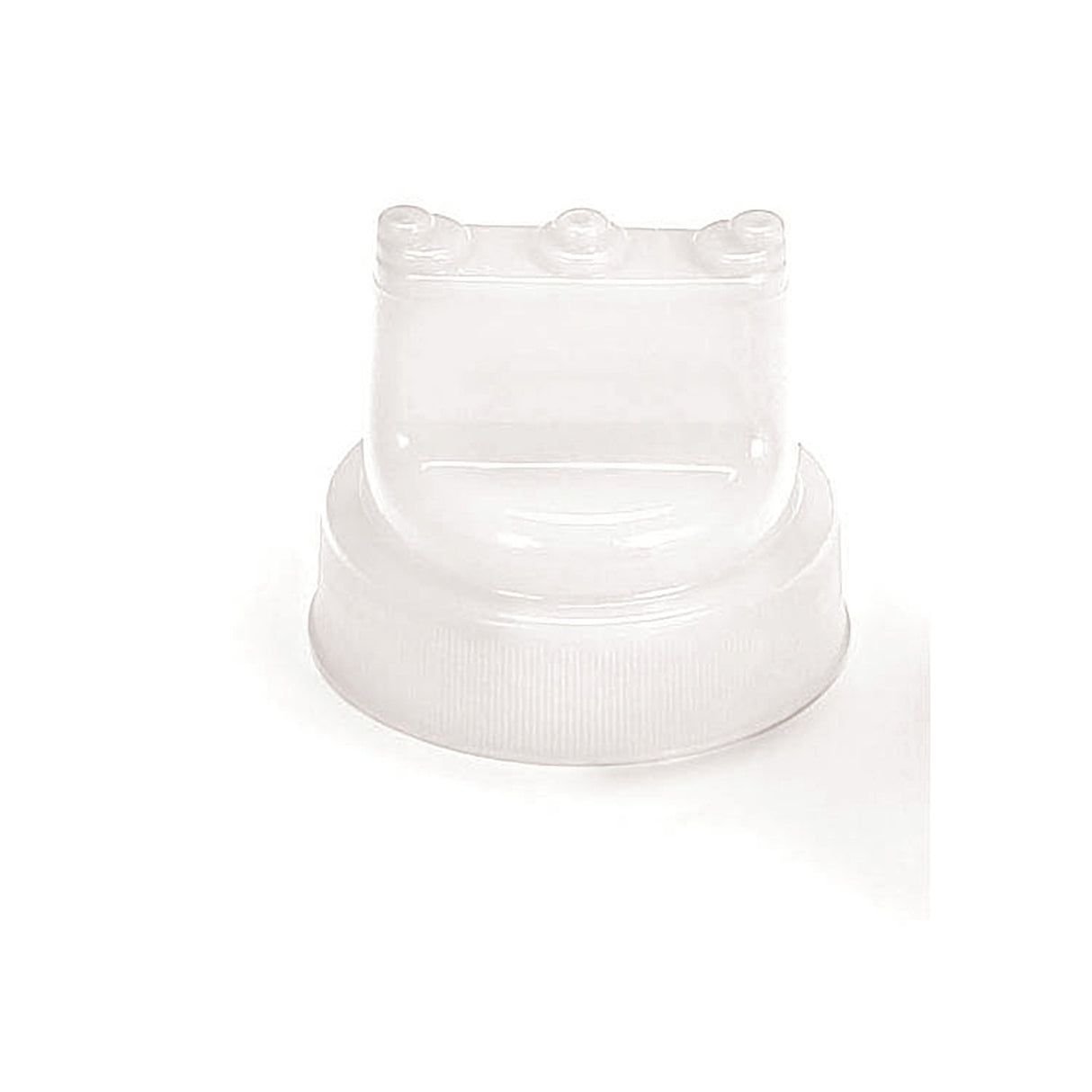 A translucent plastic flip-top cap with a smooth, rounded top and small ridges on the base for grip, designed for dispensing liquids from 63mm WideMouth squeeze bottles. NSF certified and dishwasher safe. Shown against a plain white background.