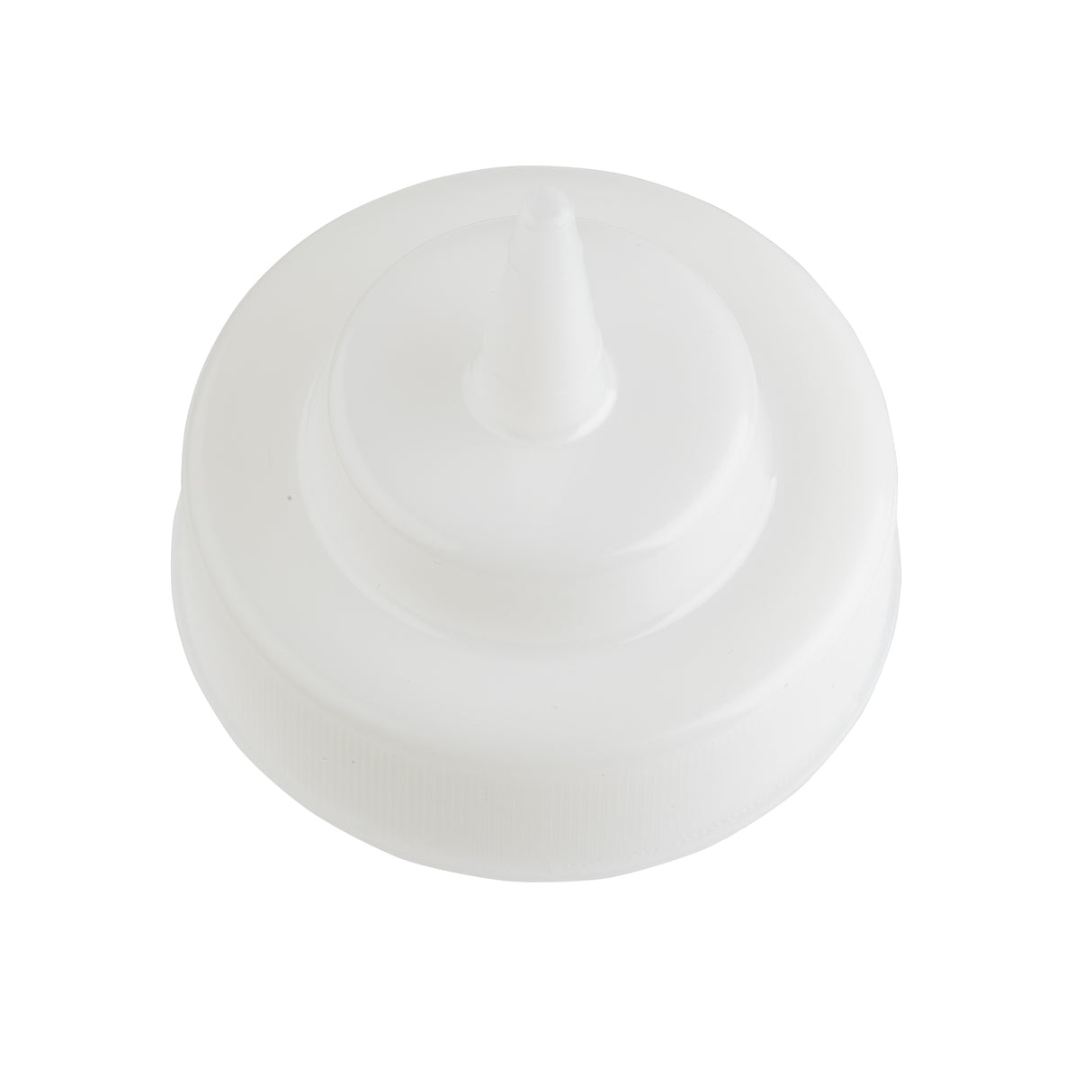 A white plastic Cone Tip Top squeeze bottle cap with a pointed nozzle, designed for 63mm WideMouth squeeze bottles. The ribbed edges ensure grip, and the conical tip allows controlled pouring. Dishwasher safe. Background is plain white.