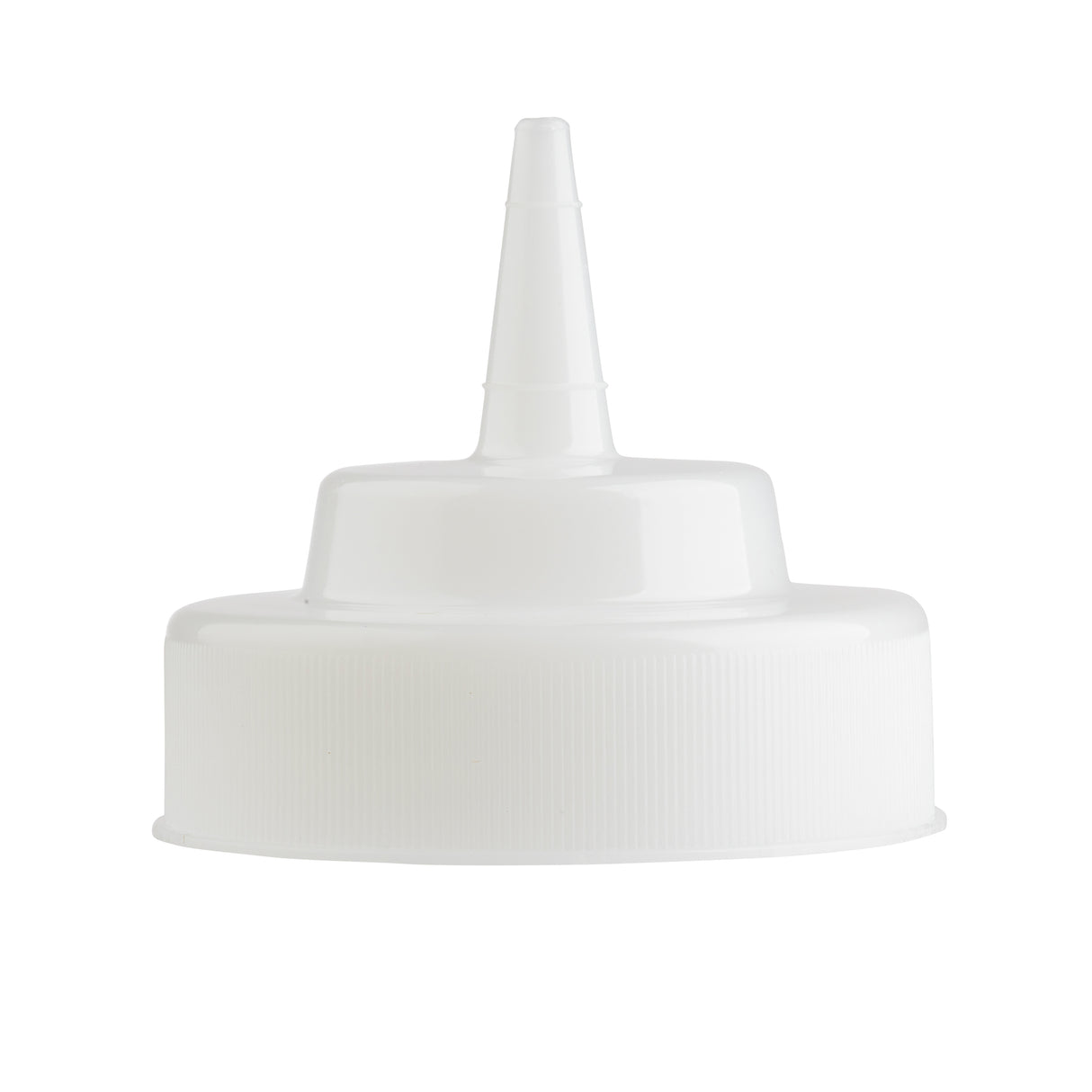 A white plastic 63mm WideMouth squeeze bottle cap with a built-in cone tip top nozzle for controlled liquid dispensing. The cap features textured edges for grip and a smooth surface, set against a plain white background.