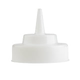 A white plastic 63mm WideMouth squeeze bottle cap with a built-in cone tip top nozzle for controlled liquid dispensing. The cap features textured edges for grip and a smooth surface, set against a plain white background.