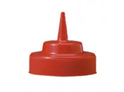 A red plastic Cone Tip Top bottle cap with a pointed nozzle at the center, designed for dispensing sauces or condiments. The cap fits WideMouth squeeze bottles and features a raised middle section leading to a narrow, conical spout.