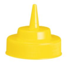 A bright yellow plastic Cone Tip Top squeeze bottle lid with a pointed nozzle for condiments like mustard or ketchup. The circular cap has textured sides for grip, features a tapered spout in the center, and is dishwasher safe. Background is plain white.