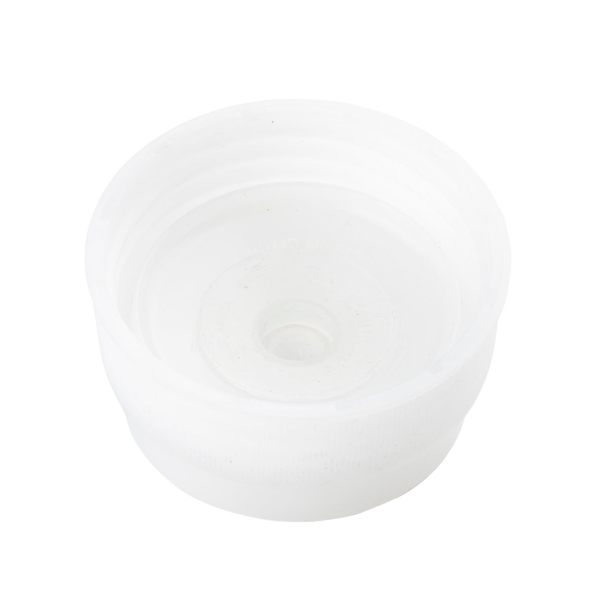 A white, round plastic bottle cap with ridged edges and a central hole, photographed on a plain white background. This dishwasher safe Valve & Top Assembly fits Invertatop 63mm squeeze bottles, showing its translucent finish and inner threading.