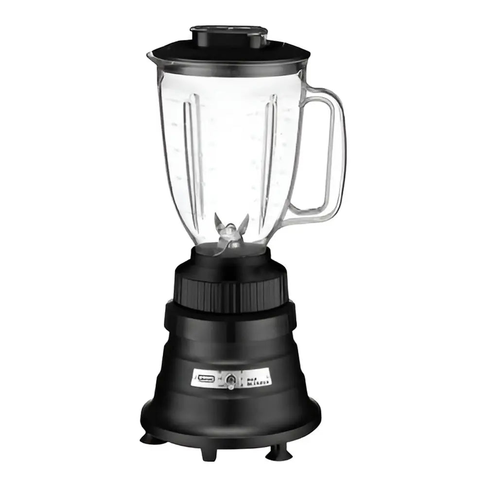 A black electric bar blender with a transparent copolyester container, handle on the right, and measurement markings. The pitcher has a lid and metal blade inside. The base features control buttons and stands on four small legs against a plain white background.