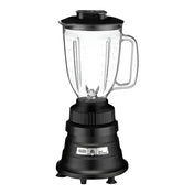 A black electric bar blender with a transparent copolyester container, handle on the right, and measurement markings. The pitcher has a lid and metal blade inside. The base features control buttons and stands on four small legs against a plain white background.