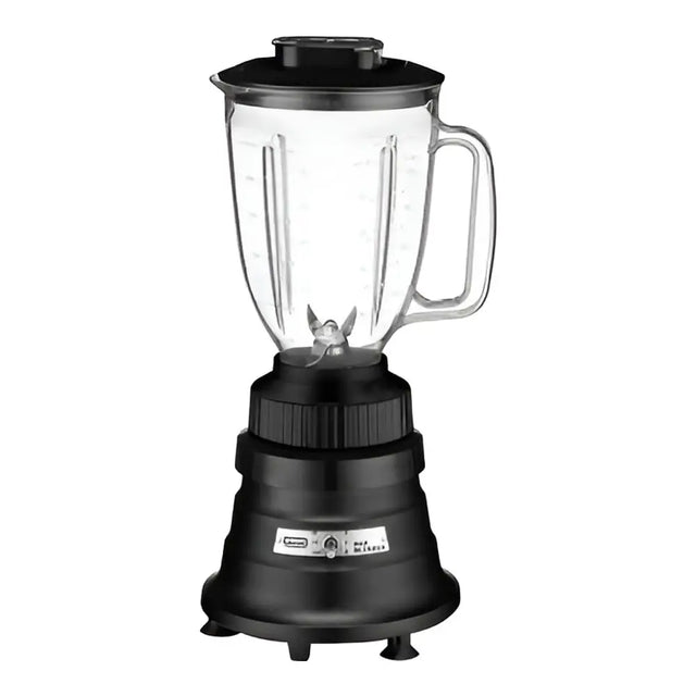 A black electric bar blender with a transparent copolyester container, handle on the right, and measurement markings. The pitcher has a lid and metal blade inside. The base features control buttons and stands on four small legs against a plain white background.