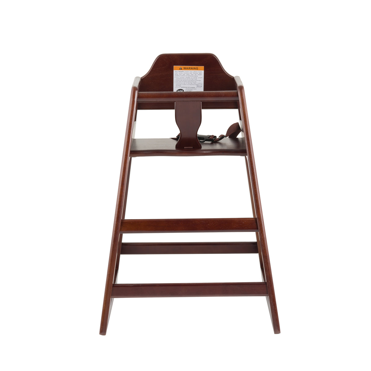 A dark wooden high chair, ASTM F404-18 compliant, with a safety strap, footrest, and warning label on the backrest. Viewed from the front against a white background, it features a classic design with an open front and angled legs.