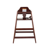 A dark wooden high chair, ASTM F404-18 compliant, with a safety strap, footrest, and warning label on the backrest. Viewed from the front against a white background, it features a classic design with an open front and angled legs.