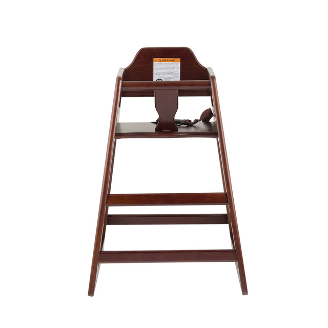 A dark wooden high chair, ASTM F404-18 compliant, with a safety strap, footrest, and warning label on the backrest. Viewed from the front against a white background, it features a classic design with an open front and angled legs.