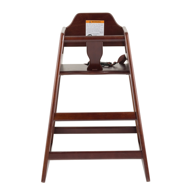 A dark rubberwood high chair viewed from the front, featuring a wide base, footrest bars, a backrest with a visible warning label, and a safety strap hanging down. The simple, functional design is also stackable for easy storage.