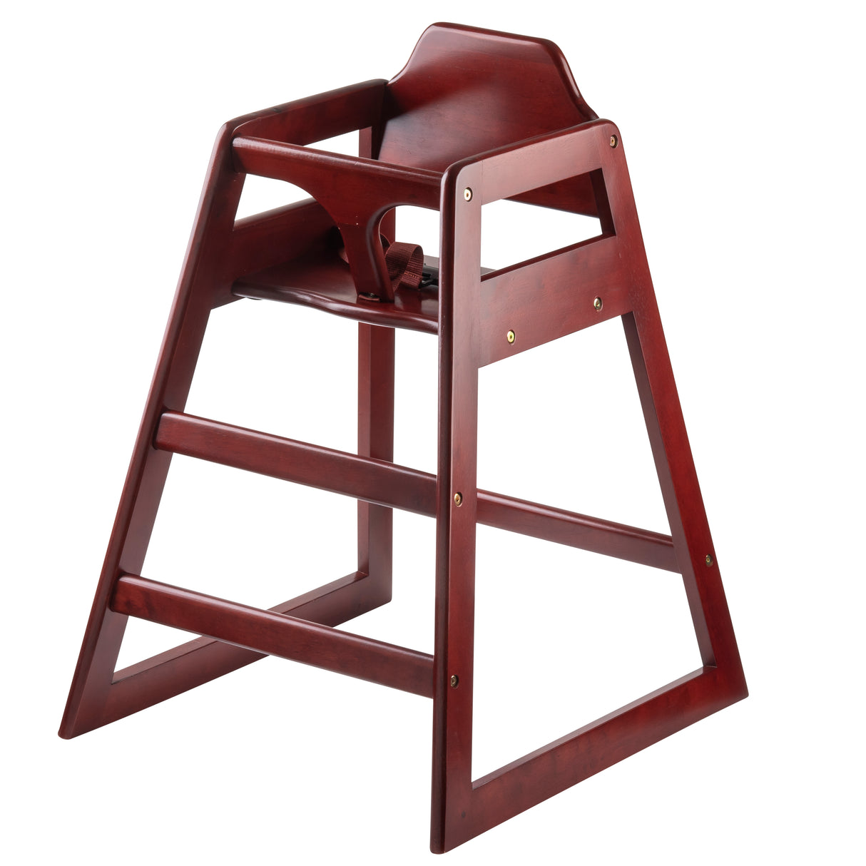 A stackable wooden high chair made from durable rubberwood with a dark reddish-brown finish, featuring an open A-frame design, a backrest, armrests, footrest, and a safety bar for secure seating at table height.