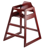 A stackable wooden high chair made from durable rubberwood with a dark reddish-brown finish, featuring an open A-frame design, a backrest, armrests, footrest, and a safety bar for secure seating at table height.