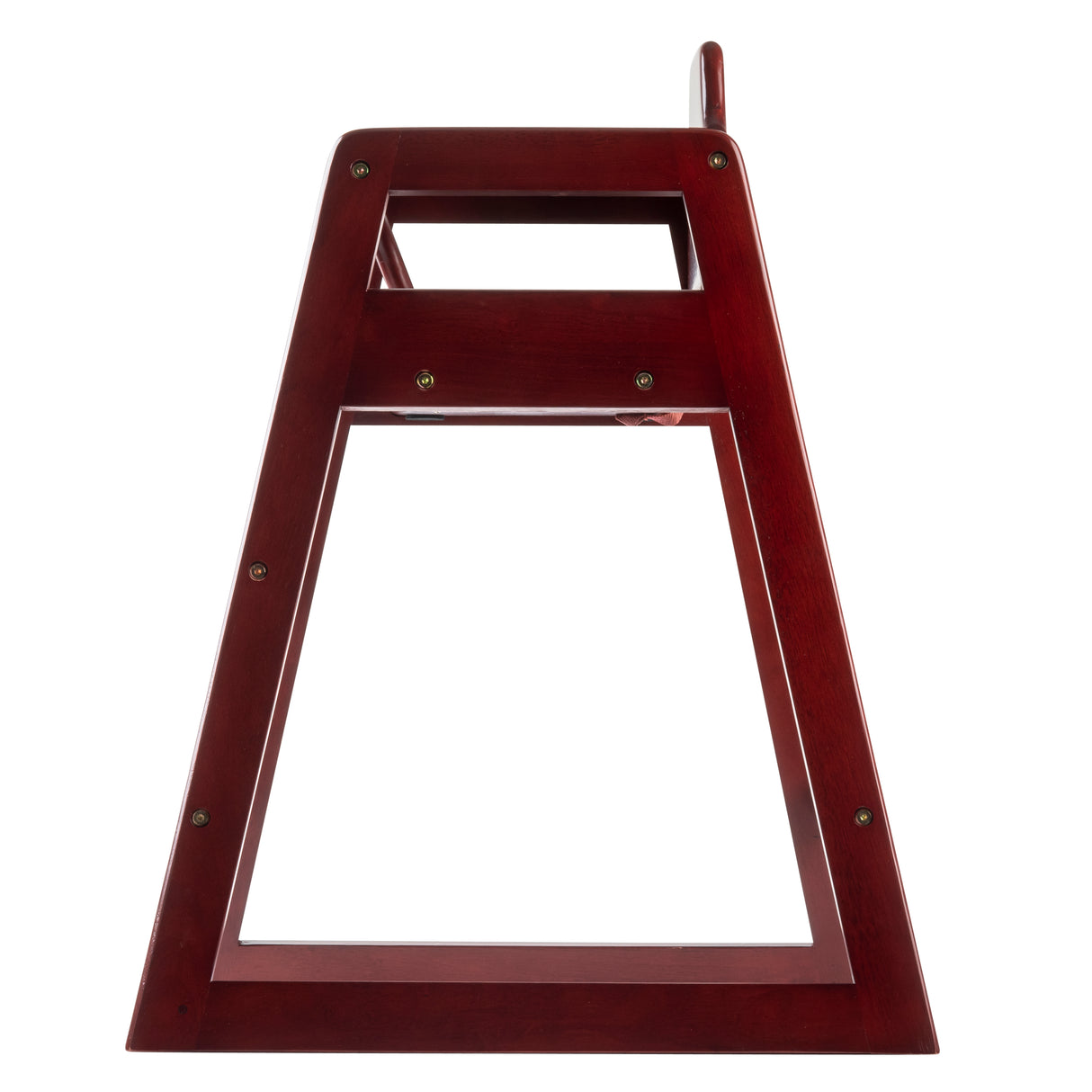 A dark red stained rubberwood high chair viewed from the front, featuring a trapezoid shape with wide legs at the base, a rectangular seat area, and a horizontal bar connecting the stackable legs. Metal screws are visible at the corners.