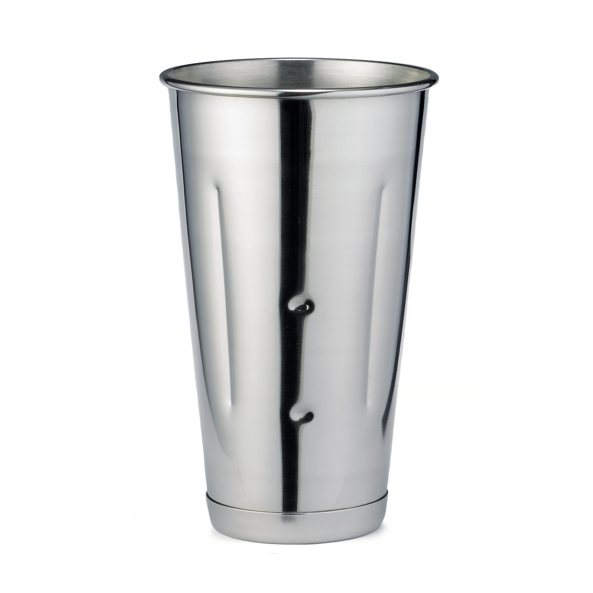 A tall, cylindrical 30 oz malt cup with a slightly flared rim and a smooth, reflective stainless steel surface. Subtle vertical indentations and a rounded base make it perfect for mixing drinks or milkshakes.