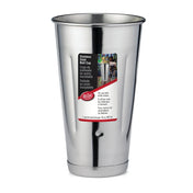 A shiny stainless steel malt cup with a wide top and tapered bottom. The front label displays text in English, Spanish, and French, a small photo of the cup in use, and the 30 oz (887 ml) capacity—all set against a white background.