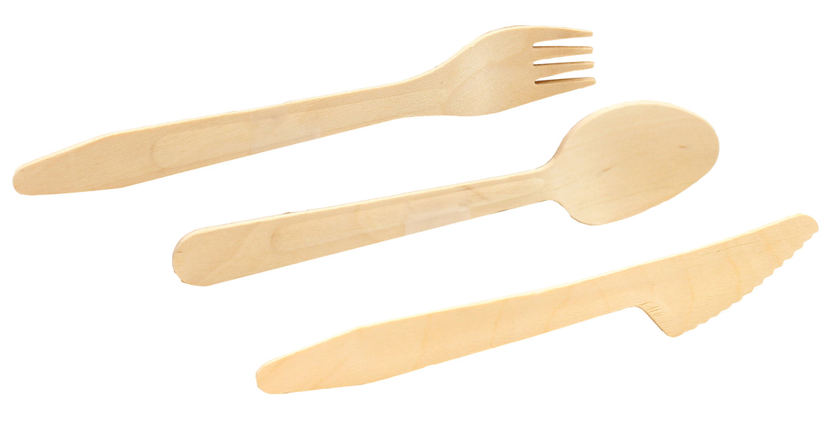Three light-colored wooden utensils—a fork, a spoon, and a serrated knife—are arranged parallel on a white background. This 6-1/2" disposable utensil set from TableCraft Products features smooth finishes and visible wood grain patterns.