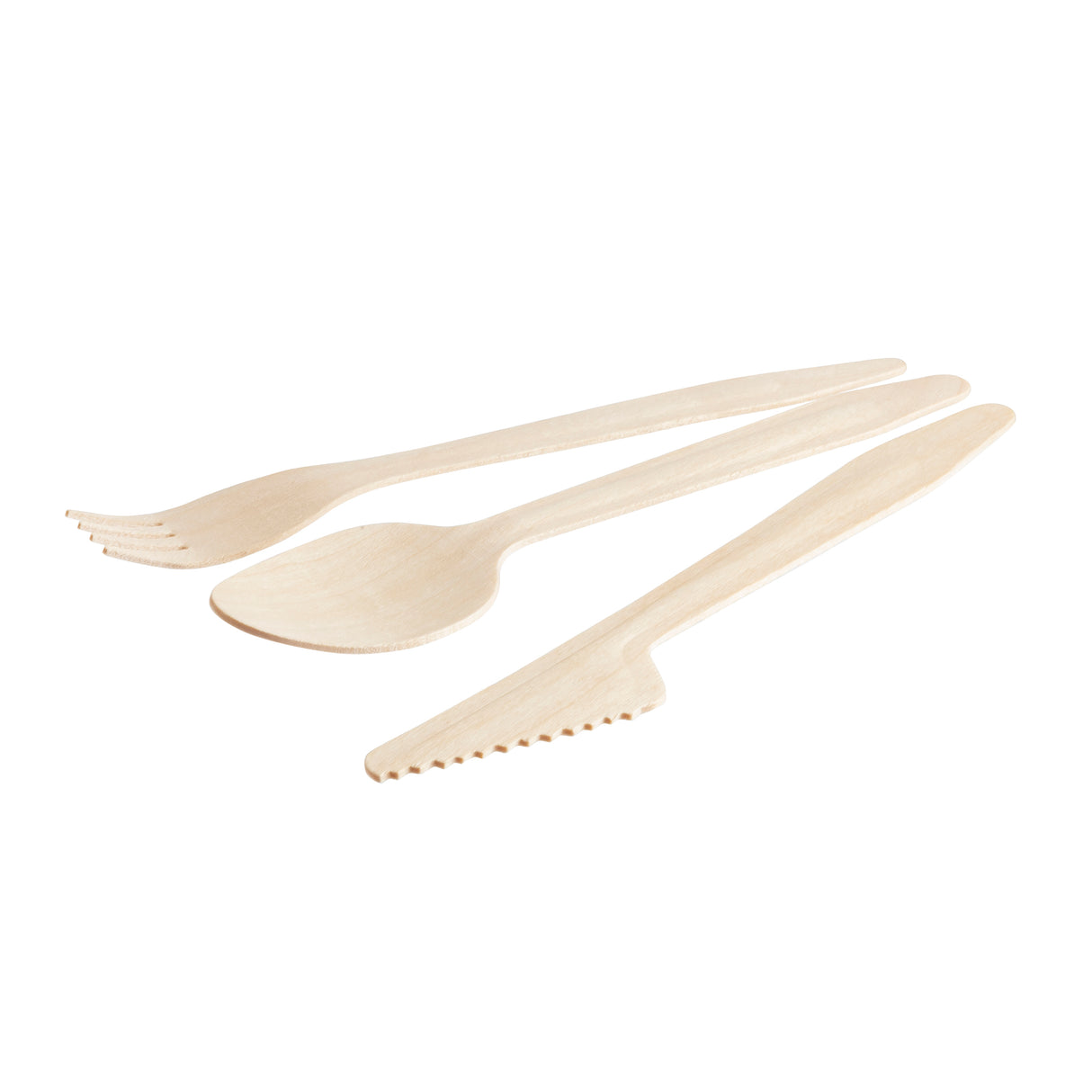 A set of three light-colored wooden utensils—fork, spoon, and serrated knife—are arranged diagonally on a white background. This 6-1/2" disposable utensil set from TableCraft Products features smooth, eco-friendly designs.