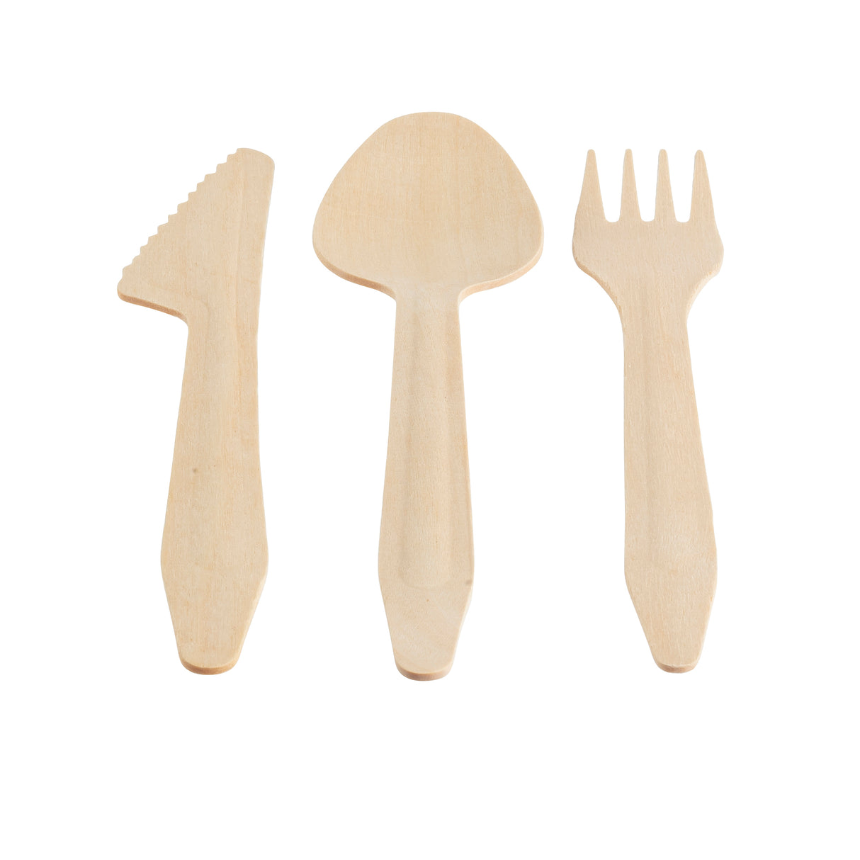 Three light-colored wooden utensils—a serrated knife, a broad-bowled spoon, and a three-tined fork—are arranged vertically on a white background. This 6-1/2" disposable utensil set by TableCraft Products features flat handles and an unfinished texture.
