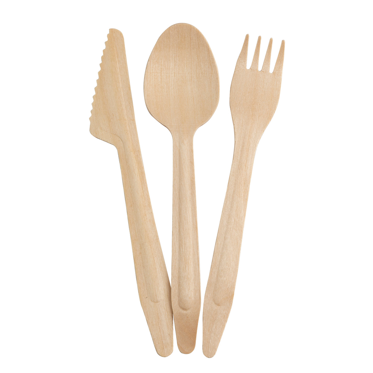 Three light-colored wooden 6-1/2" utensils from TableCraft Products—a serrated knife, spoon, and four-pronged fork—are arranged upright and slightly overlapping on a white background as part of this disposable utensil set.