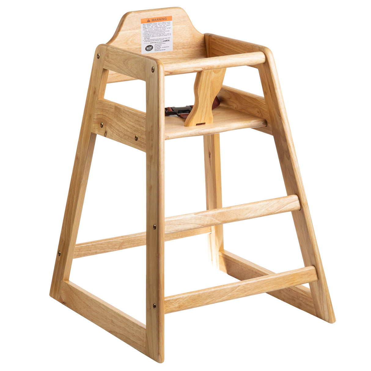 A stackable, wooden restaurant-style high chair with a natural finish, angled legs for stability, a safety strap, backrest with a warning label, and a front guard to secure your child. The seat is open and elevated above the ground.