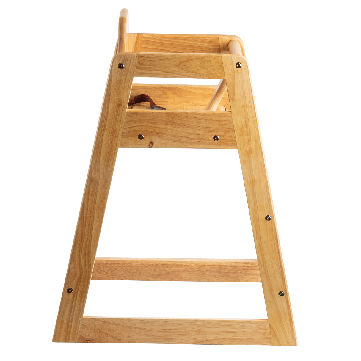 A wooden high chair viewed from the side, showing its triangular frame with horizontal support bars and a brown safety strap. The smooth, light-colored wood features visible grain and black screws. This stackable design is ASTM F404-18 compliant.