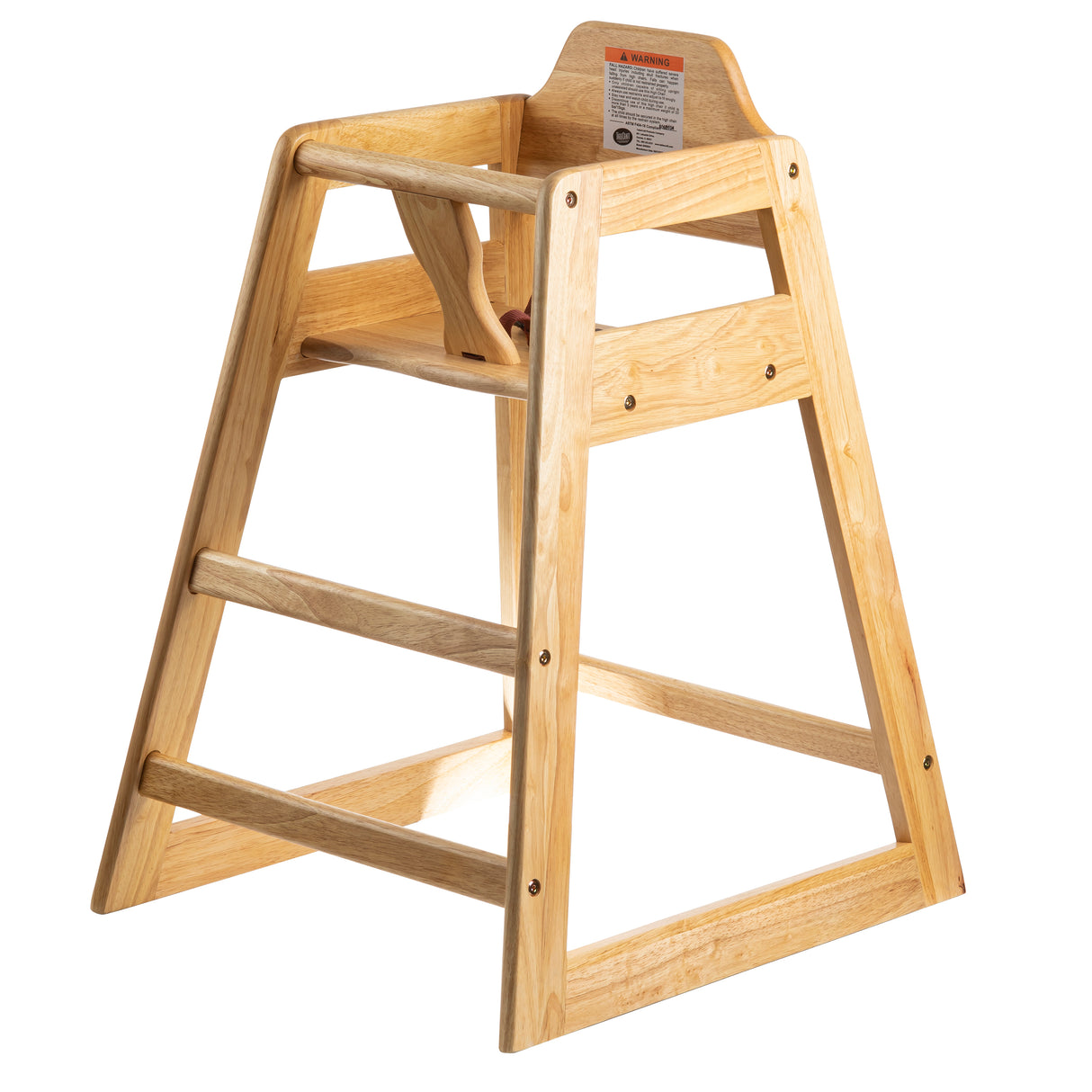 A light-colored wooden high chair with a simple, open design. Featuring a backrest with warning label, support bars, and footrest, this sturdy seat is ASTM F404-18 compliant for safely seating young children at the table.