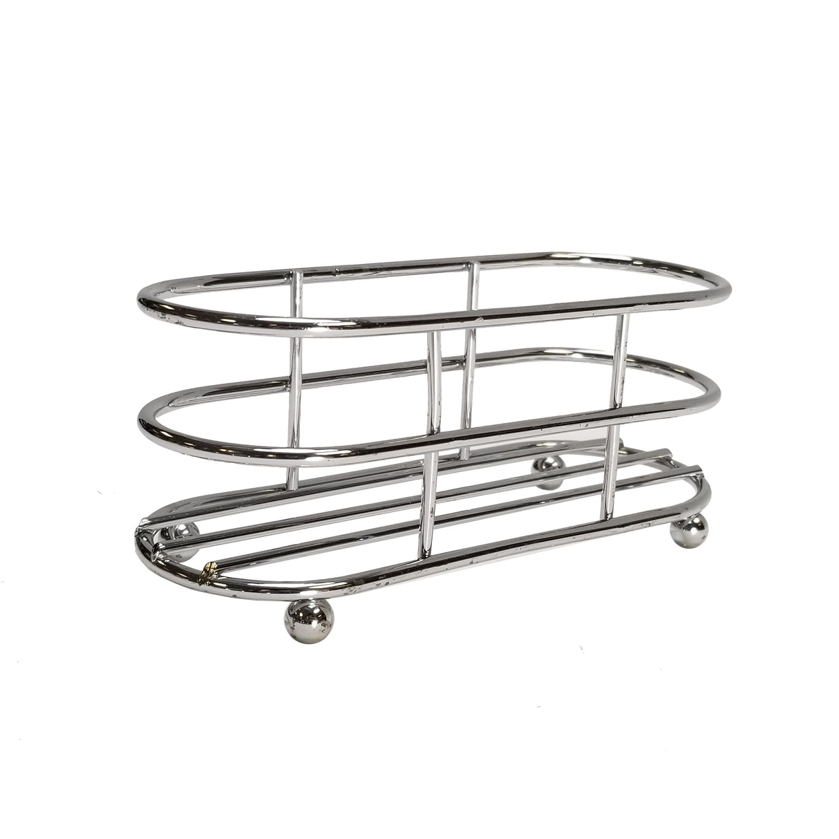 A shiny, chrome plated toast rack with an oval shape and open bars, designed to hold slices of toast upright. This TableCraft rack only stands on four small round feet and features a simple, modern design against a plain white background.