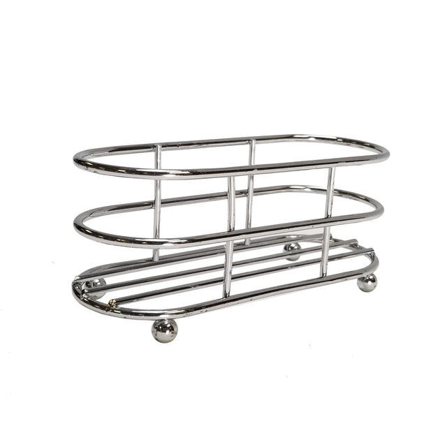 A shiny, chrome plated toast rack with an oval shape and open bars, designed to hold slices of toast upright. This TableCraft rack only stands on four small round feet and features a simple, modern design against a plain white background.