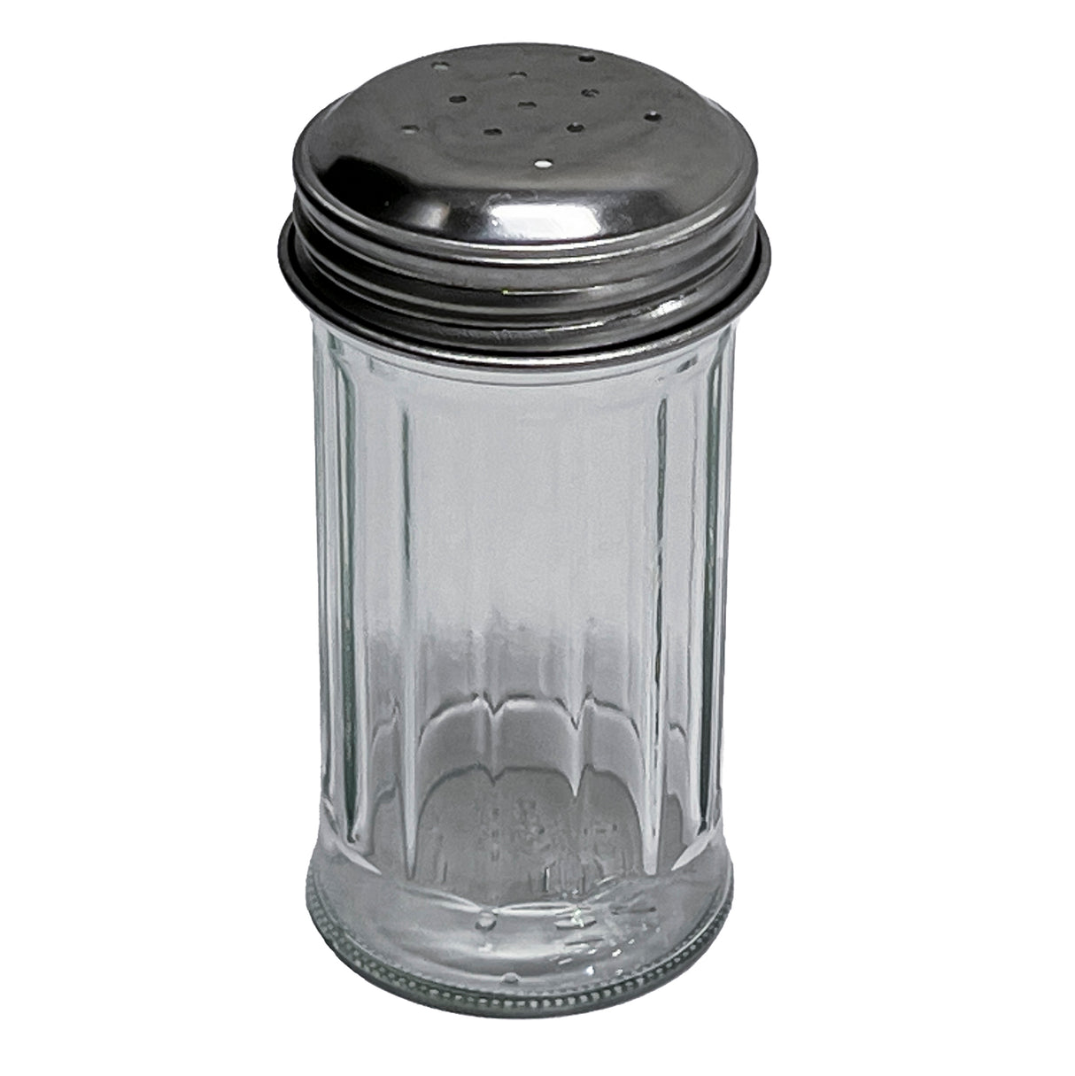 A clear, fluted glass salt/pepper shaker with a perforated, round stainless steel top is shown upright on a white background, displaying its simple, classic diner-style design.