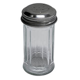 A clear, fluted glass salt/pepper shaker with a perforated, round stainless steel top is shown upright on a white background, displaying its simple, classic diner-style design.