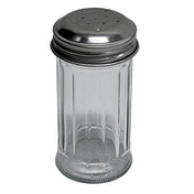 A clear, fluted glass salt/pepper shaker with a perforated, round stainless steel top is shown upright on a white background, displaying its simple, classic diner-style design.