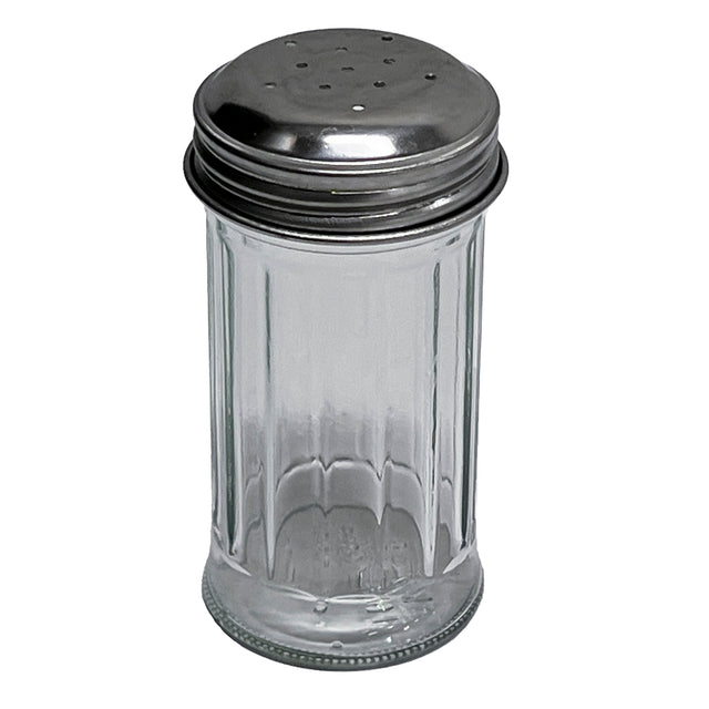 A clear, fluted glass salt/pepper shaker with a perforated, round stainless steel top is shown upright on a white background, displaying its simple, classic diner-style design.