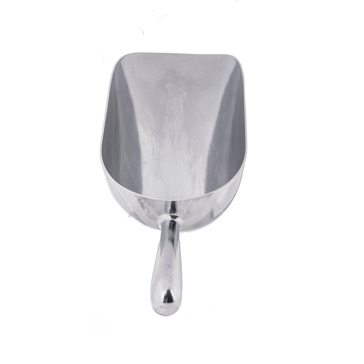 A large, shiny aluminum ice scoop with a wide, deep rectangular 58 oz bowl and a short handle, photographed from above on a plain white background. The scoop appears clean and is ideal for scooping dry goods like flour, sugar, or grains.