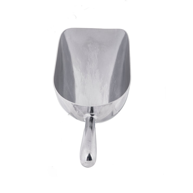 A large, shiny aluminum ice scoop with a wide, deep rectangular 58 oz bowl and a short handle, photographed from above on a plain white background. The scoop appears clean and is ideal for scooping dry goods like flour, sugar, or grains.