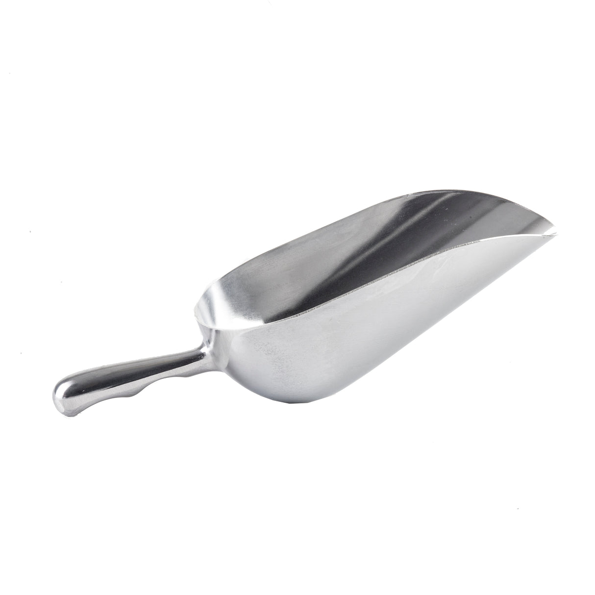 A shiny 58 oz aluminum ice scoop with a curved handle and deep, oval-shaped bowl, perfect for transferring flour, sugar, or ice. The scoop rests on a plain white background.