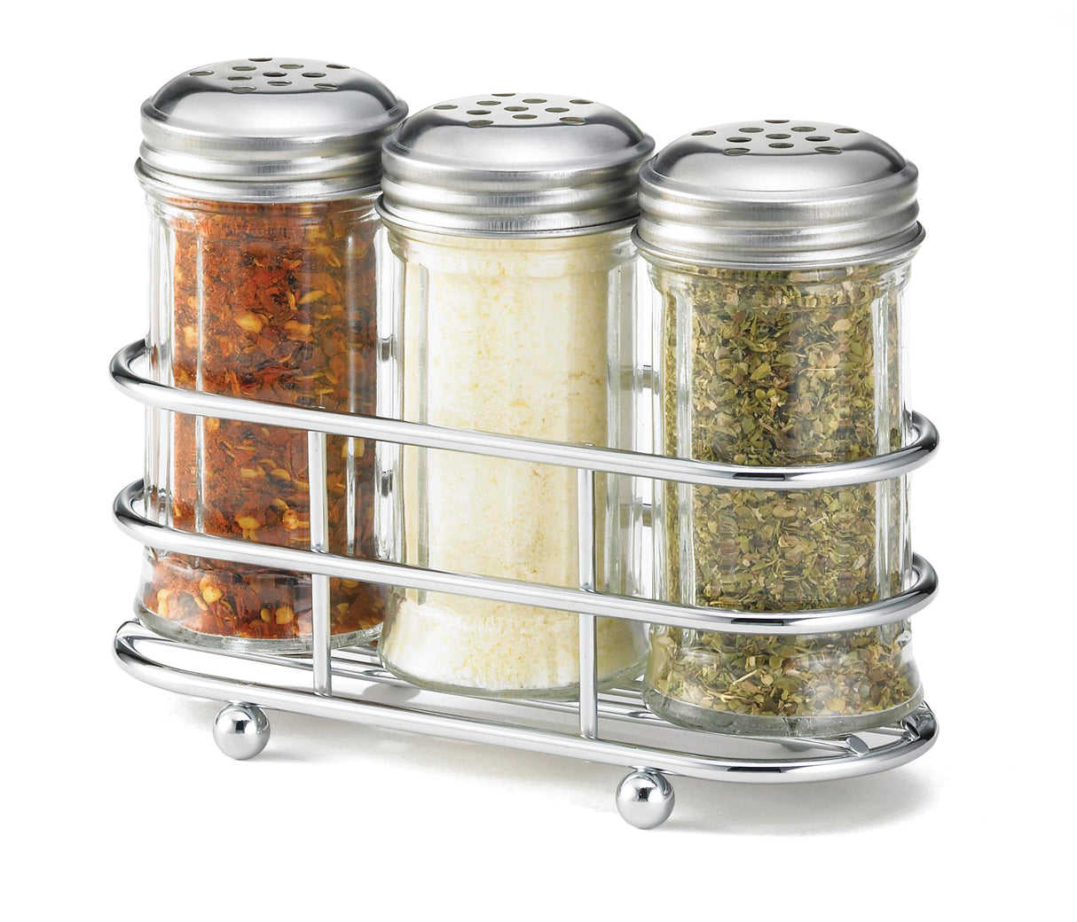 Three glass shakers with stainless steel tops sit in a chrome-finished wire rack. This condiment dispenser set holds red pepper flakes, grated parmesan cheese, and dried oregano—classic pizza seasonings. The background is plain white.