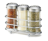 Three glass shakers with stainless steel tops sit in a chrome-finished wire rack. This condiment dispenser set holds red pepper flakes, grated parmesan cheese, and dried oregano—classic pizza seasonings. The background is plain white.