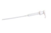 A white plastic syrup pump dispenser with a long dip tube is shown against a plain white background. The 1/4 oz pump is in a horizontal position, displaying its nozzle, ribbed collar, and extended tube for dispensing liquids from bottles.