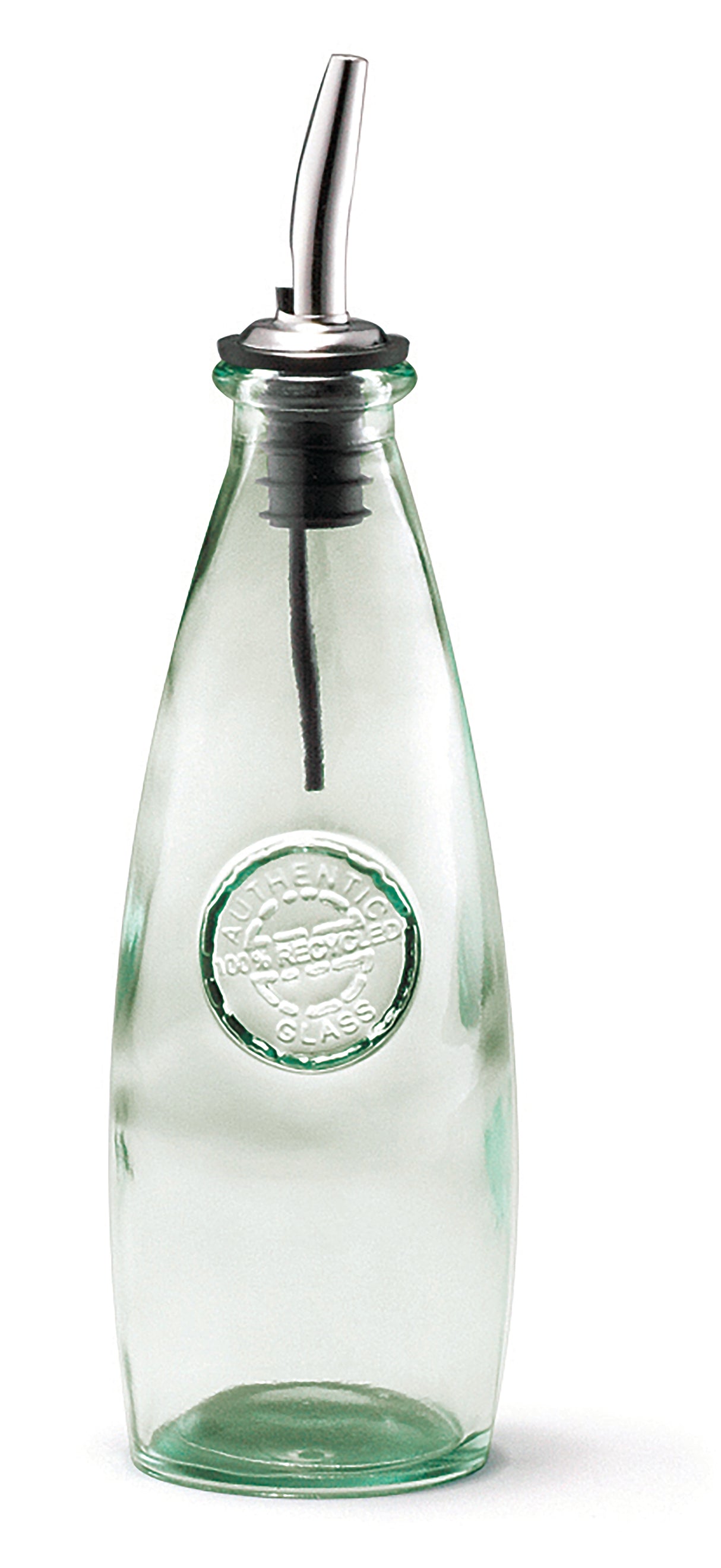 A clear recycled glass olive oil bottle with a stainless steel top pour spout and rubber stopper. The embossed circular seal on the front reads “Authentico” with decorative text. Ideal for Oil & Vinegar Dispensers, shown upright on a white background.