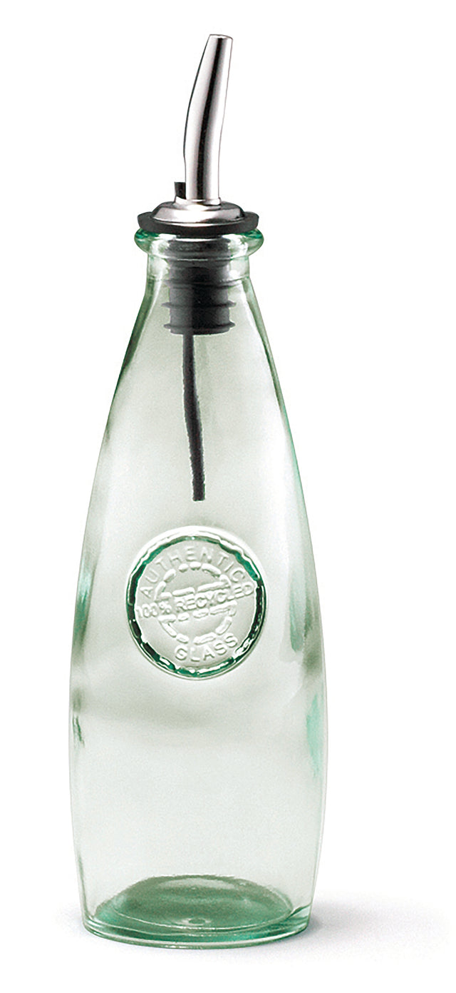 A clear recycled glass olive oil bottle with a stainless steel top pour spout and rubber stopper. The embossed circular seal on the front reads “Authentico” with decorative text. Ideal for Oil & Vinegar Dispensers, shown upright on a white background.