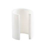 A white, cylindrical ceramic object with a vertical slit running from the base to nearly the top resembles a pump restrictor. Hollow and partial tube-shaped, its smooth surface and plain white background give it a minimalist appearance.
