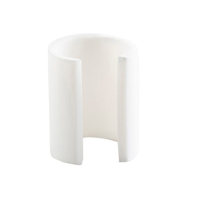 A white, cylindrical ceramic object with a vertical slit running from the base to nearly the top resembles a pump restrictor. Hollow and partial tube-shaped, its smooth surface and plain white background give it a minimalist appearance.